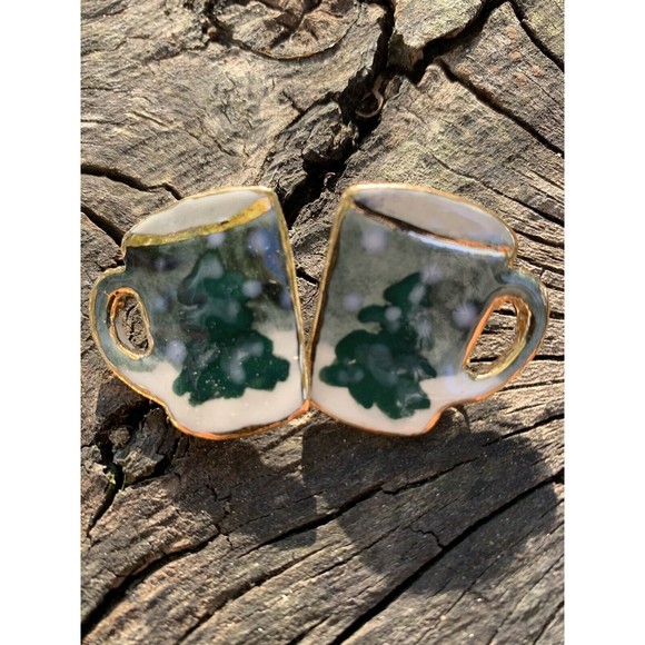 Vintage Christmas Coffee Mug Earrings Handmade Painted on Christmas Trees - Picture 5 of 6